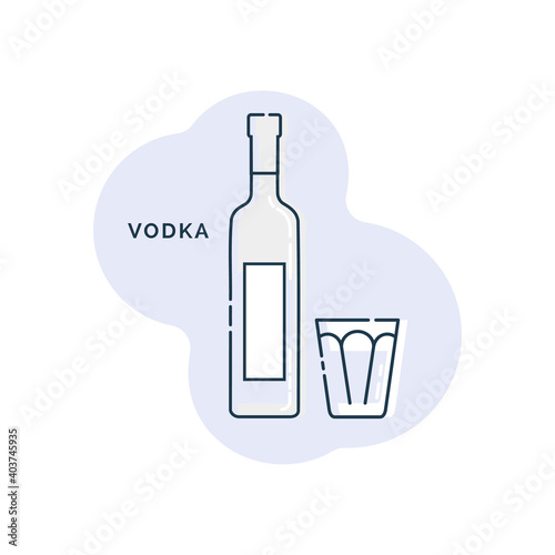 Bottle and glass vodka line art in flat style. Restaurant alcoholic illustration for celebration design. Design contour element. Beverage outline icon. Isolated on shape background in graphic style