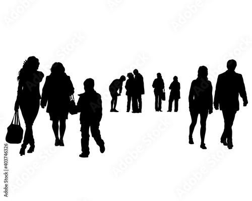 Big crowds people on street. Isolated silhouette on a white background