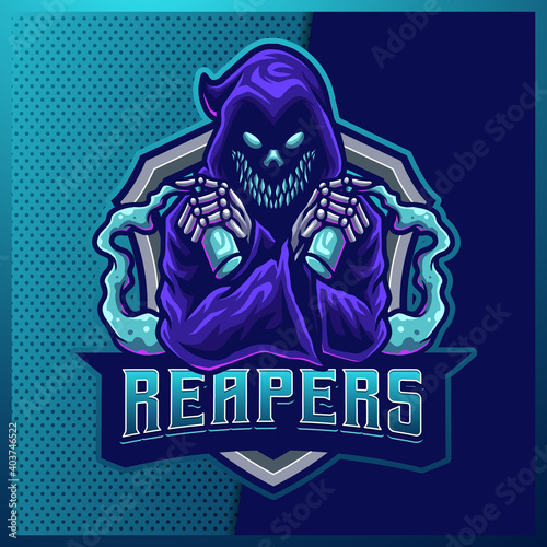 Hood Reaper glow color esport and sport mascot logo design with modern illustration concept for team, badge, emblem and t-shirt printing. Graffiti illustration on isolated background. Premium Vector
