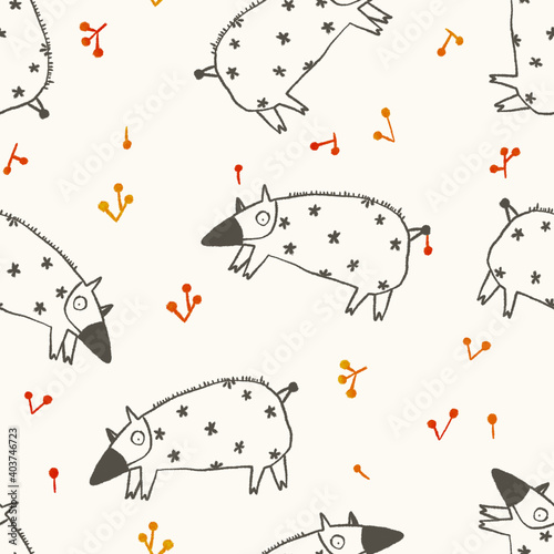 Seamless texture of cartoon pig and mini fruit. Hand drawn sketch drawing on simple background.