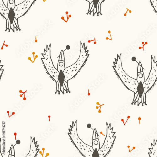 Seamless texture of cartoon bird and mini fruit. Hand drawn sketch drawing on simple background.