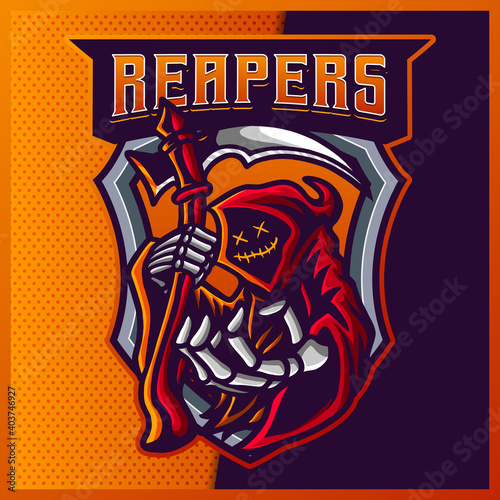 Hood Reaper glow red color esport and sport mascot logo design with modern illustration concept for team, badge, jersey and t-shirt printing. Grim illustration on isolated background. Premium Vector