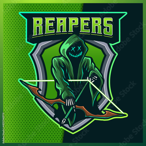 Hood Reaper glow Green color esport and sport mascot logo design with modern illustration concept for team, jersey and t-shirt printing. Archer illustration on isolated background. Premium Vector