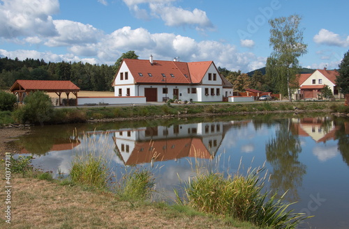 Houses at a pond in the historic village Holasovice in Czech republic,Europe 