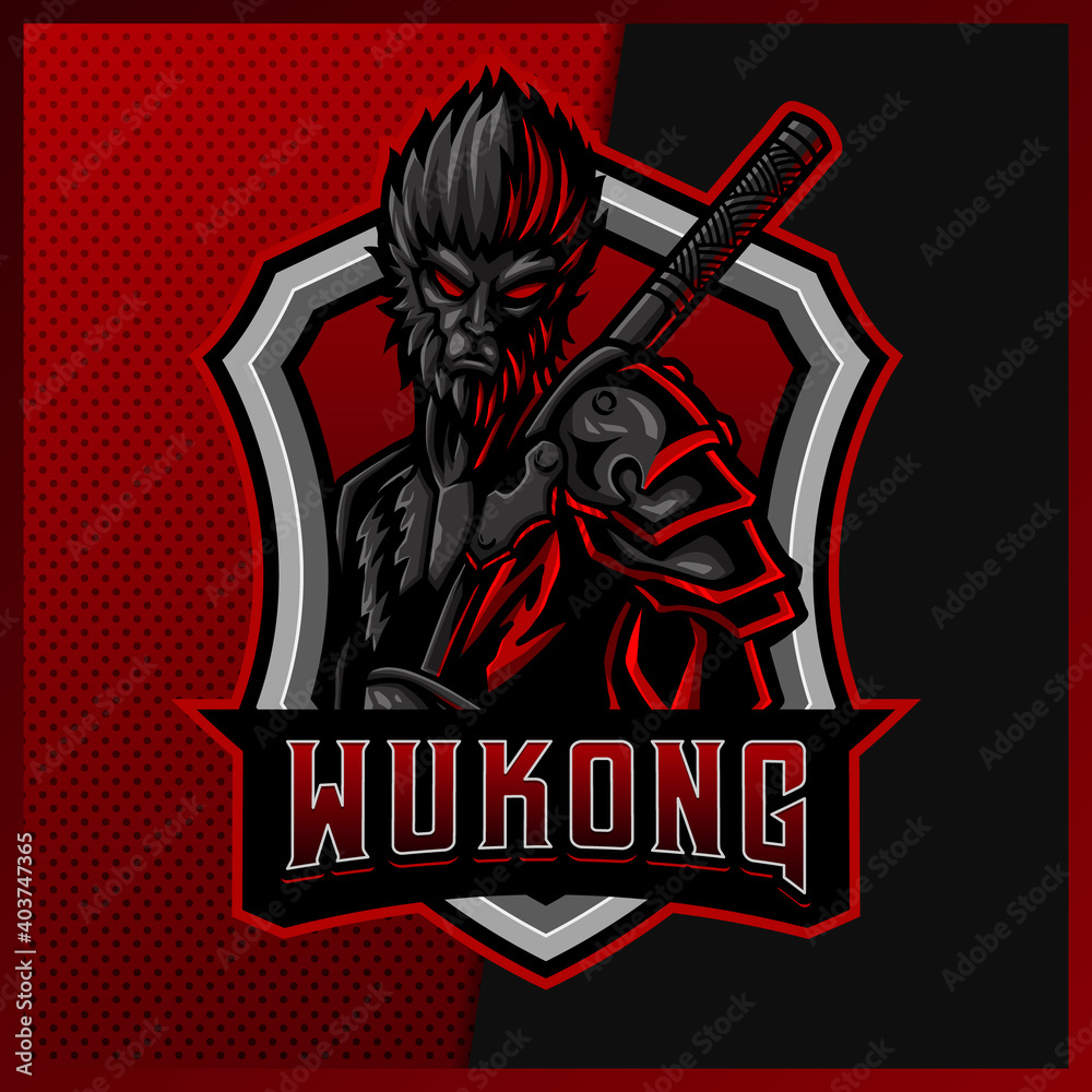 Monkey King esport and sport mascot logo design with modern illustration concept for team, badge, emblem and t-shirt printing. Black Myth Kong illustration on isolated background. Premium Vector
