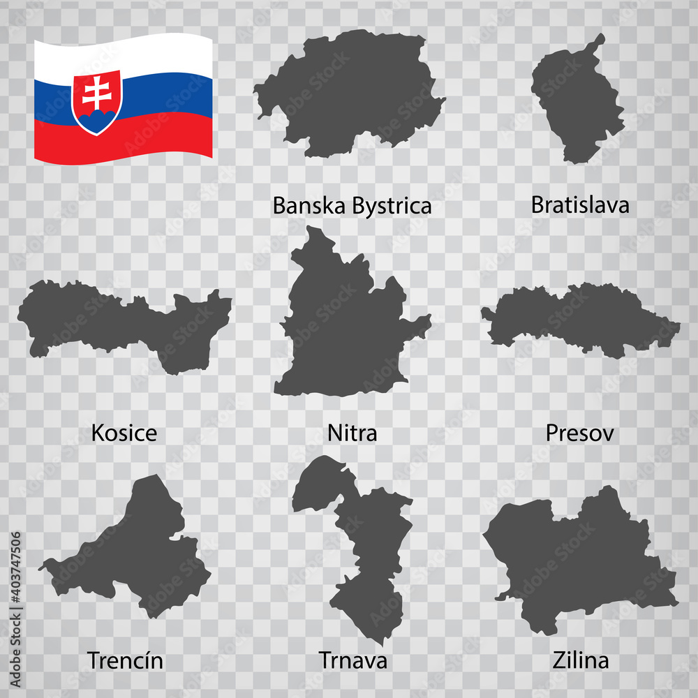 Eight Maps  Regions of Slovak Republic - alphabetical order with name. Every single map of Province are listed and isolated with wordings and titles. Slovakia. EPS 10.