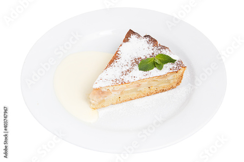 Restaurant service concept. Freshly made apple pie. Dessert on a white plate on a white plate. Isolated.
