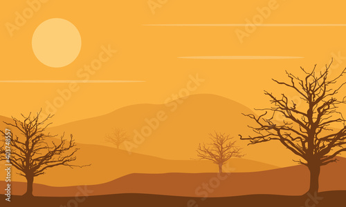 Beautiful desert landscape with trees and mountains around it. Vector illustration