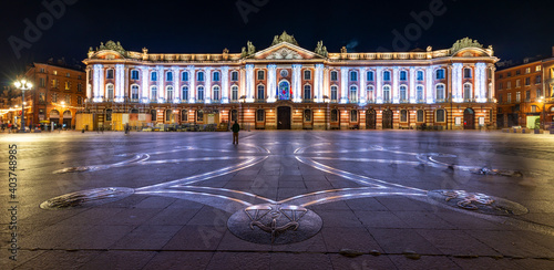 Illuminations of the Capitole by night and the Occitan cross, in Toulouse in Haute Garonne, Occitanie, France photo