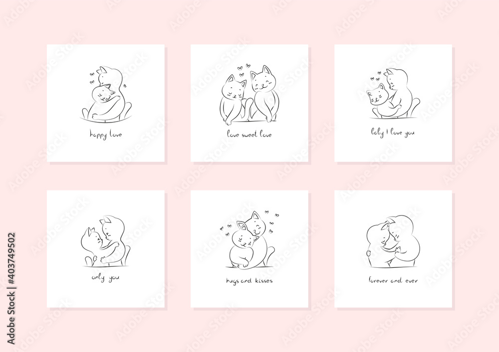Cute valentines with cats. Set of illustrations of hugging cats on a white background. Vector 10 EPS.