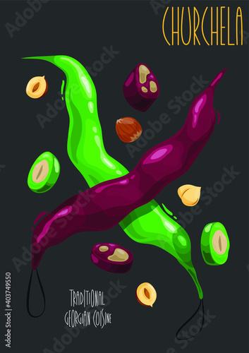 Georgian traditional churchelas made of grape juice and nuts. Vector illustration