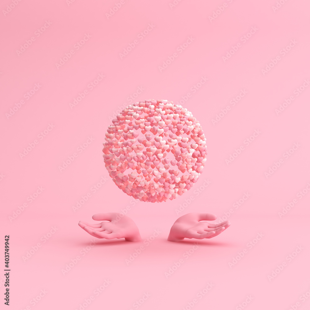 International women's day poster, Valentine day, Small heart in sphere shape with both hands , 3d rendering. International women's day poster, Valentine day, Small heart in sphere shape with both hands , 3d rendering.