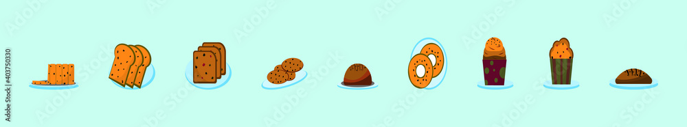 set of raisin, cake and bread cartoon icon design template with various models. vector illustration isolated on blue background set of raisin, cake and bread cartoon icon design template with various models. vector illustration isolated on blue background