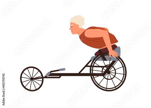 Disabled male character with amputated legs ride on wheelchair racing vector flat illustration. Paralympic athlete exercising or training isolated on white. Handicapped guy doing sports