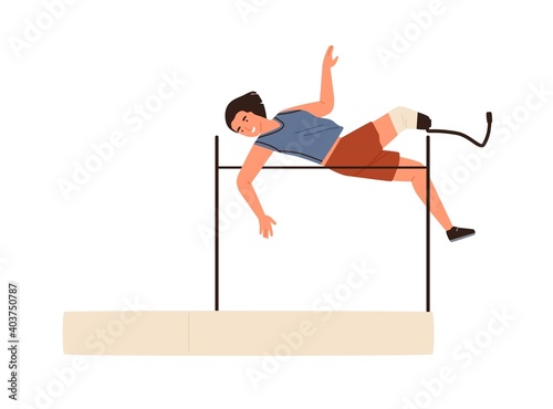 High jump disabled athletic woman performing activity vector flat illustration. Paralympic sportswoman jumping over bar isolated. Athlete with artificial prosthetic leg doing exercise at training
