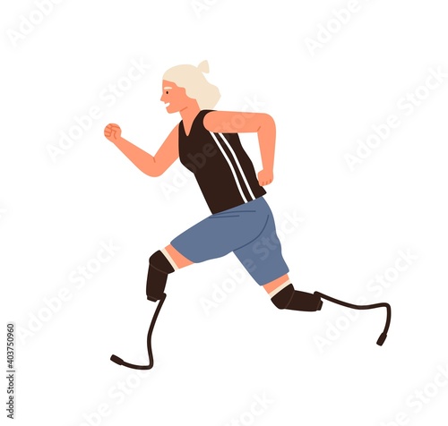 Paralympic female athlete with prosthesis legs running at marathon race vector flat illustration. Disabled woman runner with artificial limbs performing sports isolated. Handicapped sportswoman