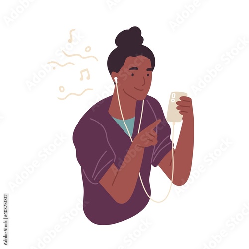 Portrait of dark skin man in earphones listening to music using smartphone vector flat illustration. Smiling male character enjoying audio sound holding cellphone isolated on white
