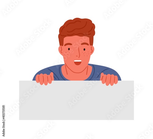 Astonished red haired teen boy peeping with shocked facial expression vector flat illustration. Surprised male teenager having amazed emotion isolated on white. Teenager holding horizontal banner