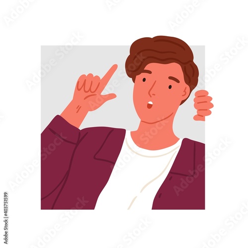 Surprised teen peeping into squared frame vector flat illustration. Amazed male teenager searching or seeking for something, performing idea gesture isolated on white. Peeking person