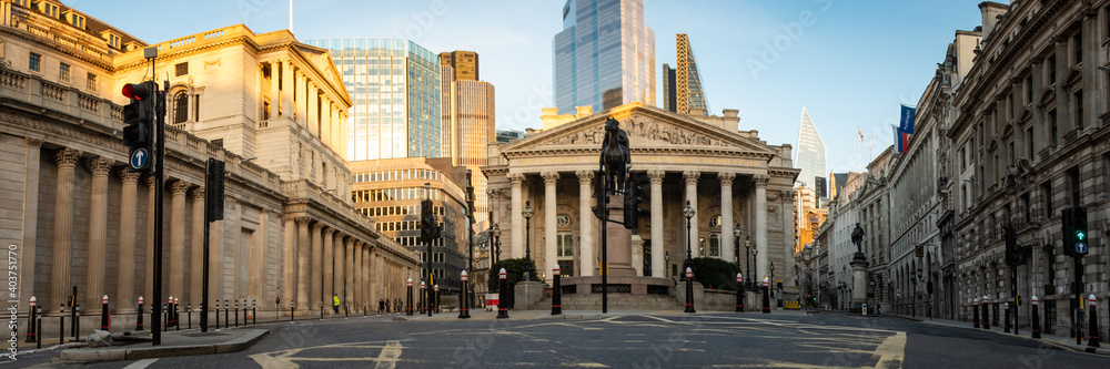 Panoramic view of the Bank of England and the Royal Exchange building in the City of London