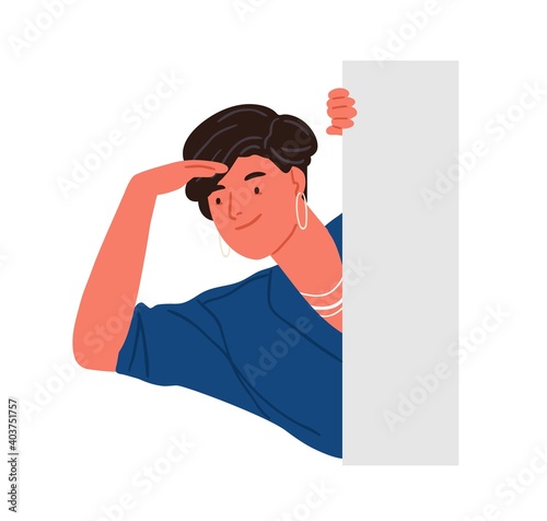 Trendy smiling woman peeping from behind wall vector flat illustration. Stylish positive female character searching or seeking something isolated on white. Adorable person peeking