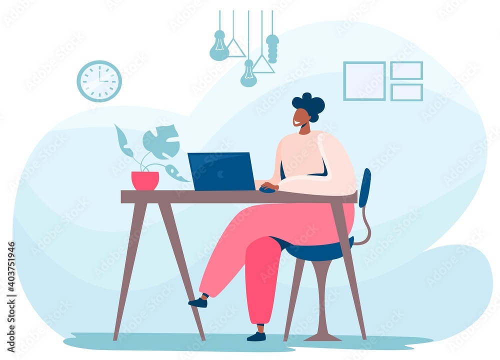 Flat vector illustration. African American man working on laptop at home, happy man.