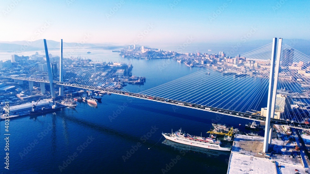 Aerial view over the famous Golden bridge in Vladivostok