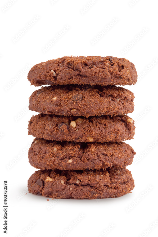 rich round cookies with nuts and chocolate, lying on a wooden plate, isolate on a white background rich round cookies with nuts and chocolate, lying on a wooden plate, isolate on a white background