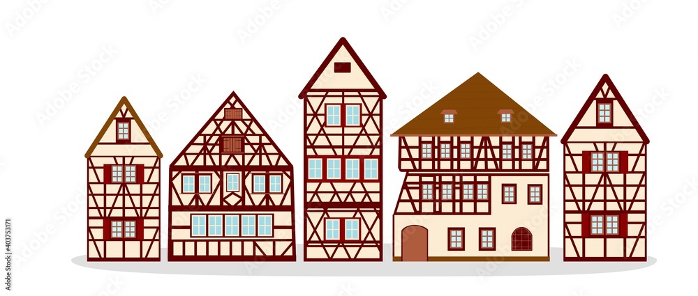 Set of Old german houses with red wooden beams ang beige elements. colored half timbered building. Flat facades of european framing houses, cottages