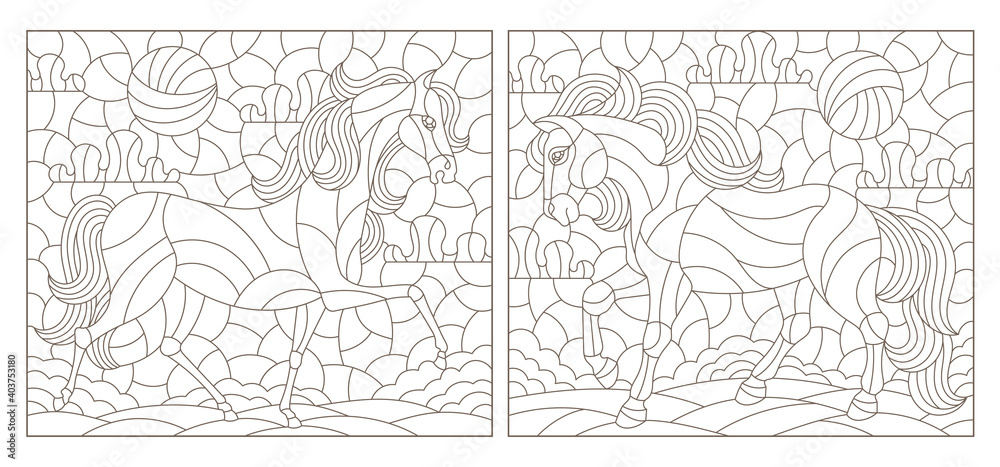 Set of contour illustrations in the stained glass style with horses on a landscape background, dark contours on a white background, rectangular images