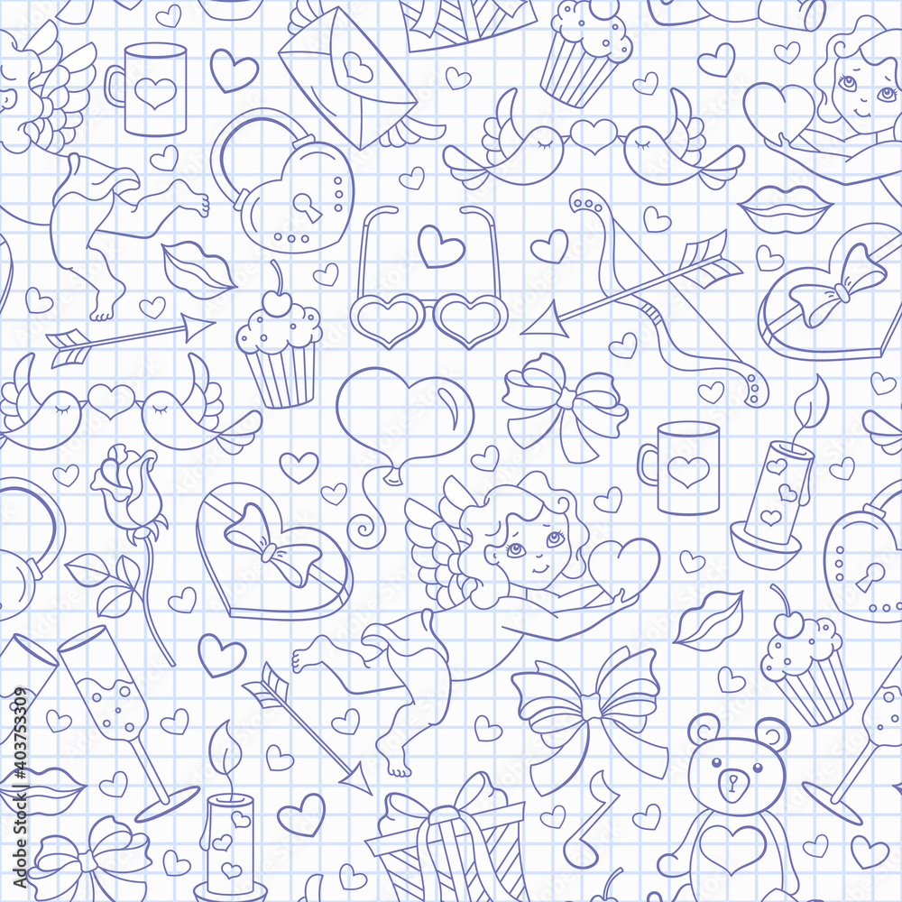 Seamless pattern on the theme of the Valentine's Day holiday, blue  contour  icons on the clean writing-book sheet in a cage