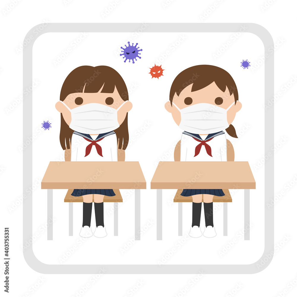 マスクをした女子生徒のイラスト 密閉された空間で近くに座っている女子生徒たち Stock Vector Adobe Stock
