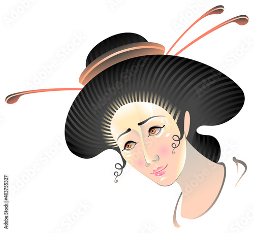 The stylized image of the face of a Japanese girl. Geisha. Vector graphics