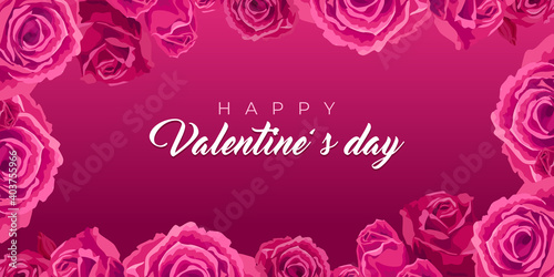 Happy Valentines day. Banner with roses. Vector illustration Valentine s day  cards with. Frame with pink flowers roses  concept of decoration for Happy Valentines day. Red  pink floral background.