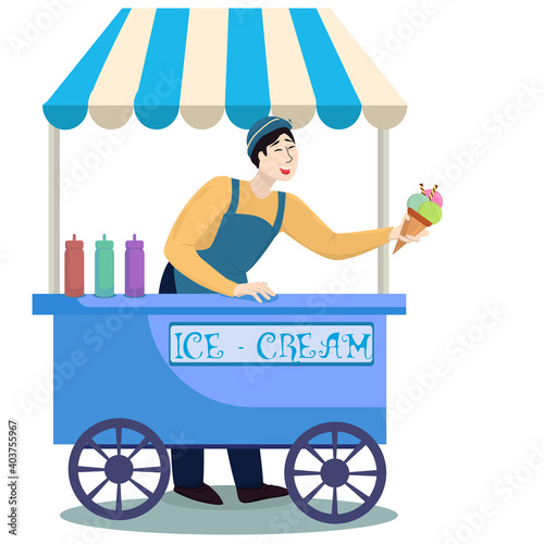 An ice cream vendor holds an ice cream cone at arm's length while leaning out of a shopping cart.