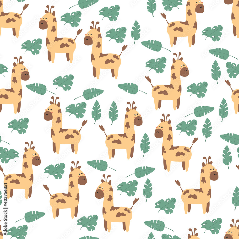 Fototapeta premium Seamless background with cute giraffes. Decorative wallpaper for the nursery in vector, suitable for children's clothing, interior design, packaging, printing.