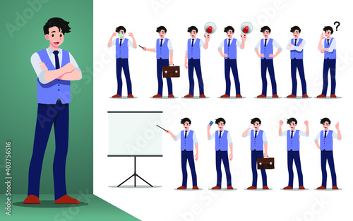 Flat design concept of Businessman with different poses, working and presenting process gestures, actions and poses. Vector cartoon character design set.