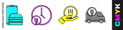 Set Online ordering and delivery, Round the clock delivery, Online ordering and delivery and Fast delivery by car icon. Vector.