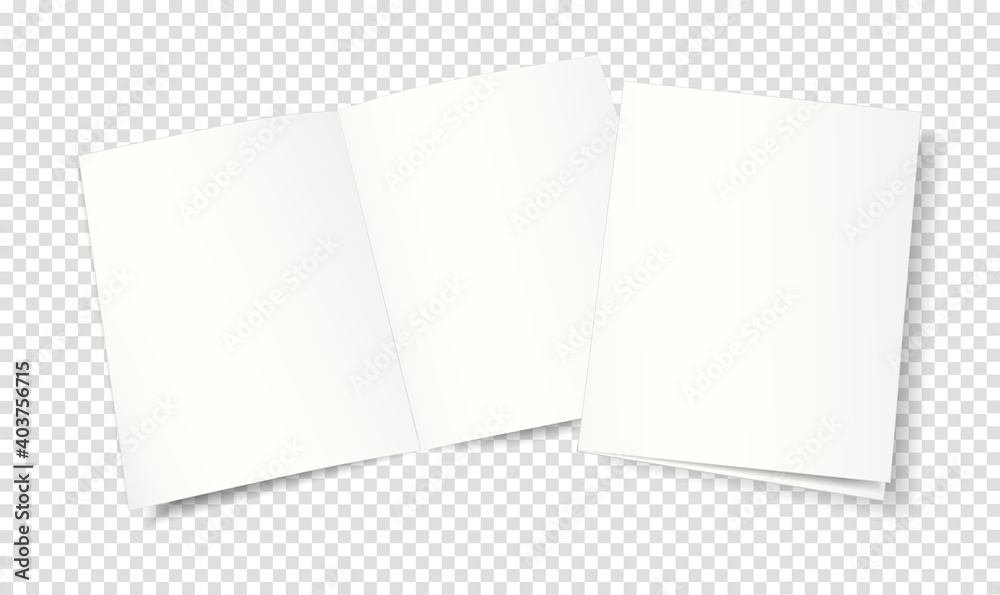 Mockup, template of an open and closed two-page booklet, notebook, brochure, magazine, book. Transparent background. 3d vector illustration for your design.