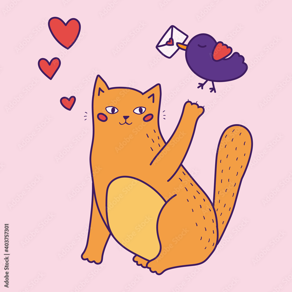 Funny doodle cat and bird with love letter. Hand drawn Saint Valentine greeting card. Vector illustration. Funny doodle cat and bird with love letter. Hand drawn Saint Valentine greeting card. Vector illustration.