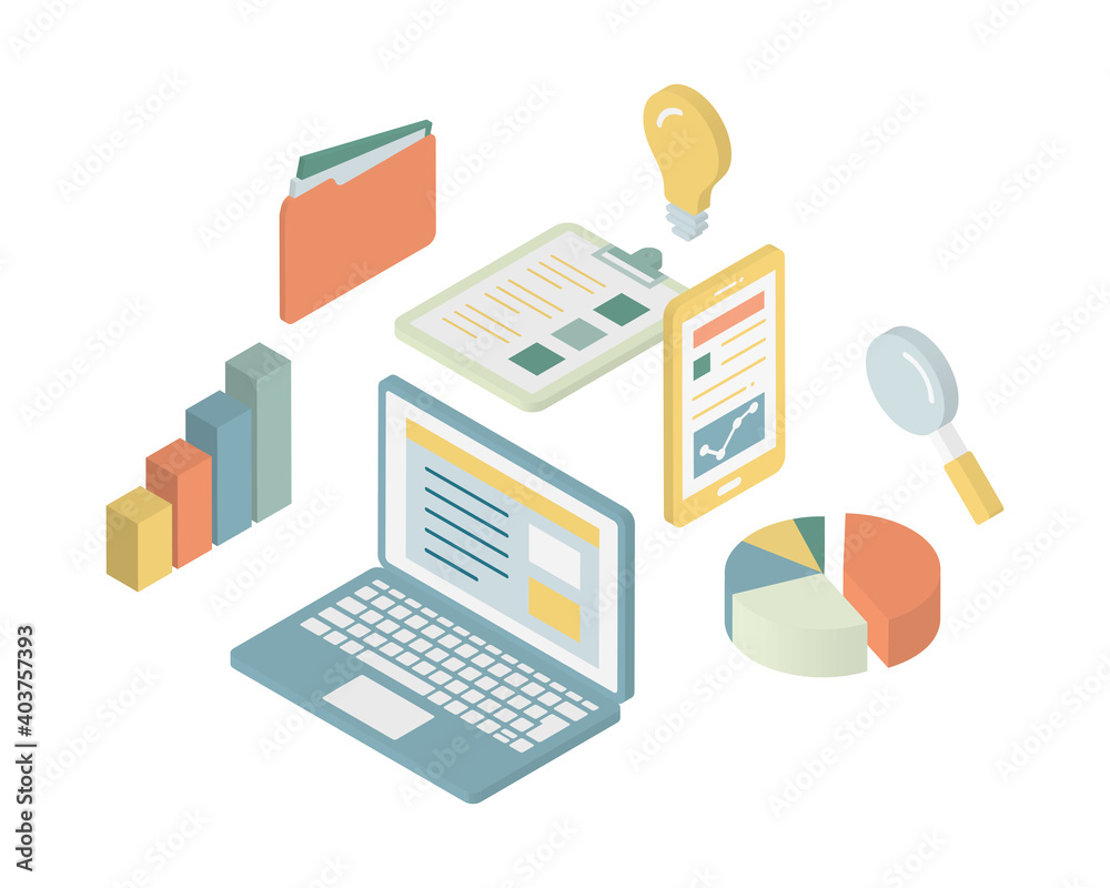 ビジネスやテクノロジーのアイソメトリックイラスト アイソメ It マーケティング グラフ Stock Vector Adobe Stock