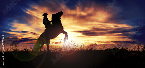 Fényképezés Silhouette of cowboy rearing his horse at sunset