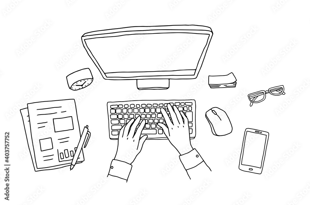 仕事中のデスクの手描きイラスト パソコン Pc スケッチ おしゃれ シンプル オフィス 俯瞰 Stock 벡터 Adobe Stock