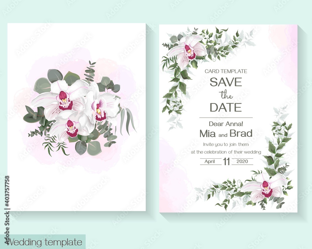 Floral template for wedding invitation. Pink royalty ohrchid, watercolor background, eucalyptus.