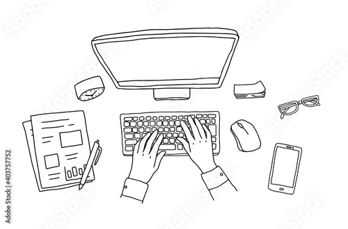 仕事中のデスクの手描きイラスト　パソコン　PC　スケッチ　おしゃれ　シンプル　オフィス　俯瞰