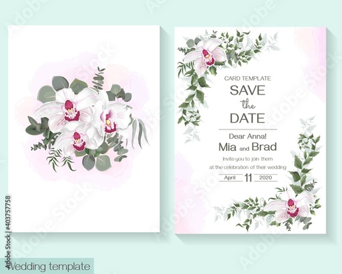 Floral template for wedding invitation. Pink royalty ohrchid, watercolor background, eucalyptus.