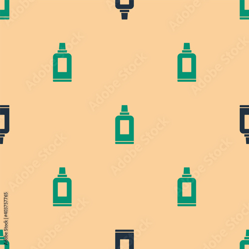 Green and black Plastic bottle for laundry detergent, bleach, dishwashing liquid or another cleaning agent icon isolated seamless pattern on beige background. Vector.