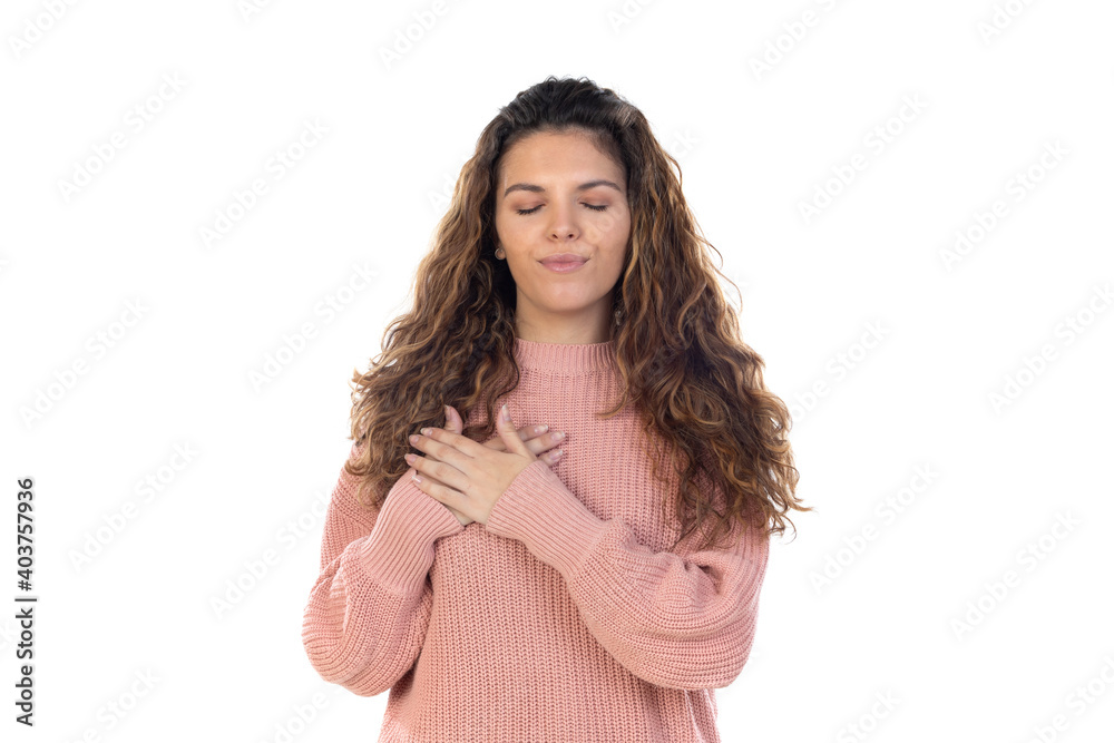 Beautiful middle aged woman with pink woolen sweater Beautiful middle aged woman with pink woolen sweater