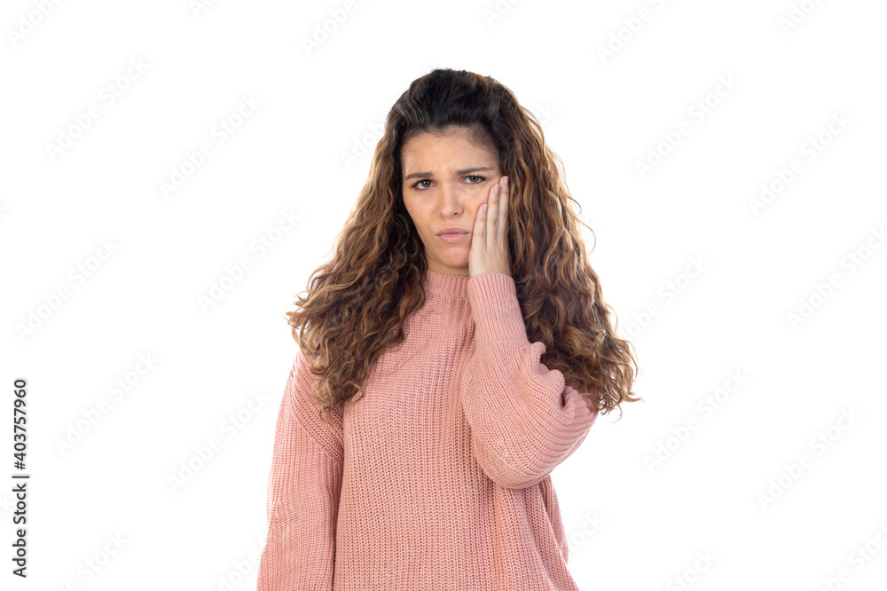 Beautiful middle aged woman with pink woolen sweater Beautiful middle aged woman with pink woolen sweater