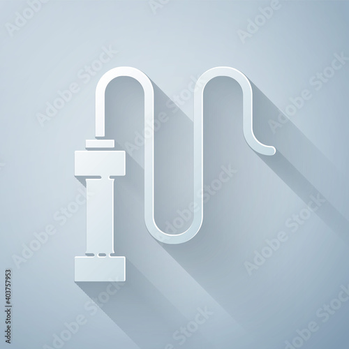 Paper cut Braided leather whip icon isolated on grey background. Paper art style. Vector.